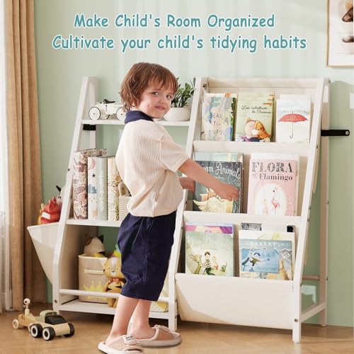 Kids Bookshelf and Toy Organizer, Montessori Bookcase and Toy Storage for Kids Room, 3 Tier Sling Book Rack for Toddler, Children Book Display Shelf for Nursery, Bedroom, Playroom, Classroom