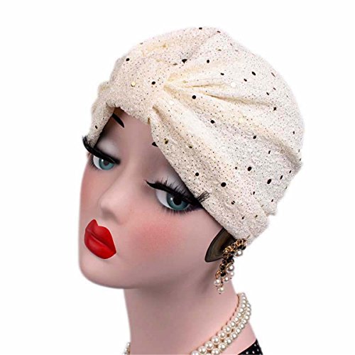 Qhome Womens Luxury Sequined Turban Ruffle Knotted Headwrap Chemo Cap