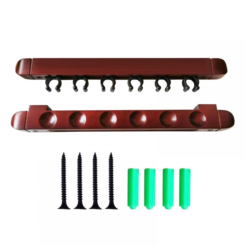 MiOYOOW Pool Cue Holder, Wall Mounted Wooden Pool Cue Rack with Clips Hold 6 Pool Cue for Billiard Clubs, Bars, Games