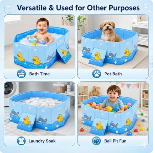 puiaxod Bañera plegable para niños, portátil de viaje para bebés con soporte triangular y tapón de drenaje, mini piscina para exteriores, adecuada para 0-8 años (78 x 41 x 21 cm)