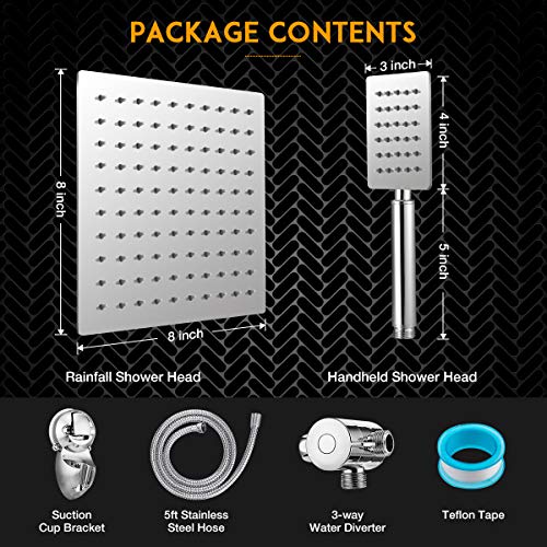Shower Head Combo, Baban 8'' High Pressure Rainfall Stainless Steel Shower Head, Stainless Steel Handheld Shower Head Combo with Strong Suction Cup Holder, 3-Way Water Diverter, 1.5M Hose, Chrome