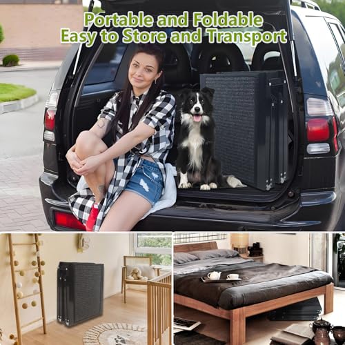 RUBLELITIE - Rampa para perros para coches, SUV, camión, 17.3 x 71 pulgadas, resistente plegable, amplia escaleras para mascotas con superficie antideslizante, diseño plegable portátil para perros