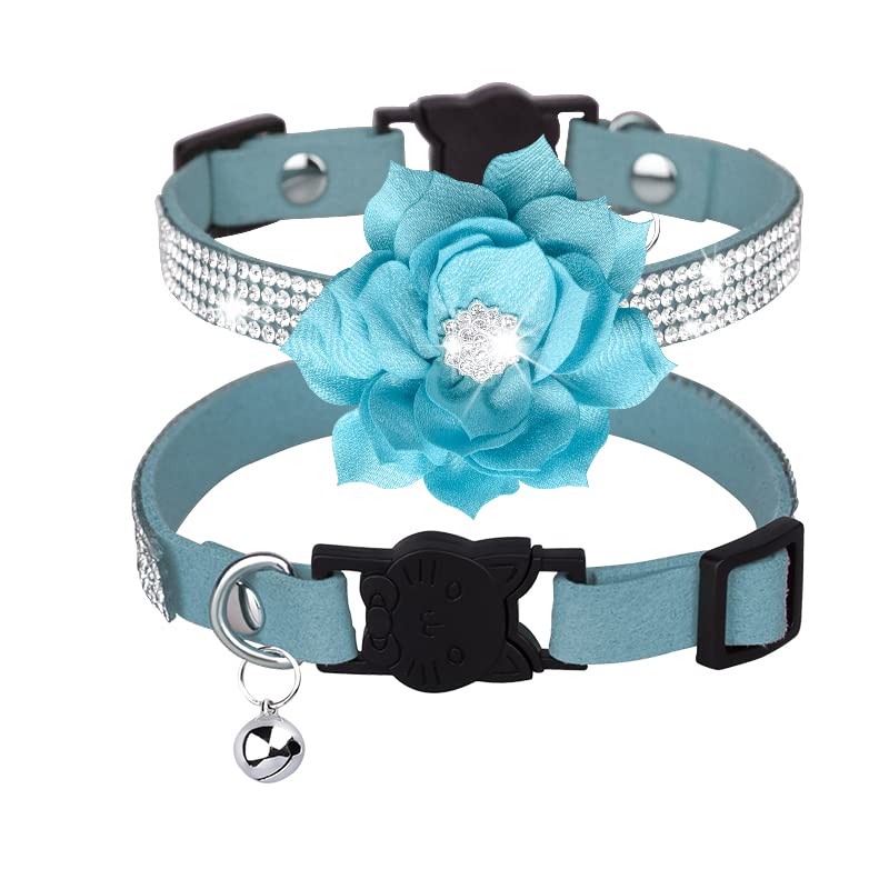 haoyueer Rhinestones Dog Cat Collars with Bell Bling Pet Puppy Collars with Soft Velvet Crystal Collars Girl Jeweled Necklace (Blue-1)