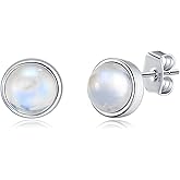 MoiuVieg Natural Larimar/Moonstone Stud Earrings 925 Sterling Silver Round Earrings Natural Gemstone Jewelry for Women