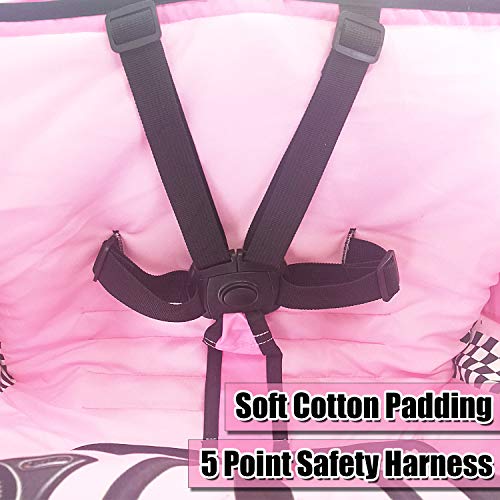 Cute Car Design 2-in-1 Shopping Cart&High Chair Cover for Baby with Portable Bag | Universal Fit All Shopping Cart Seat& Restaurant Highchair | Fits Big Carts | 5 Point Safety Harness System (Pink) - Thumbnail 4