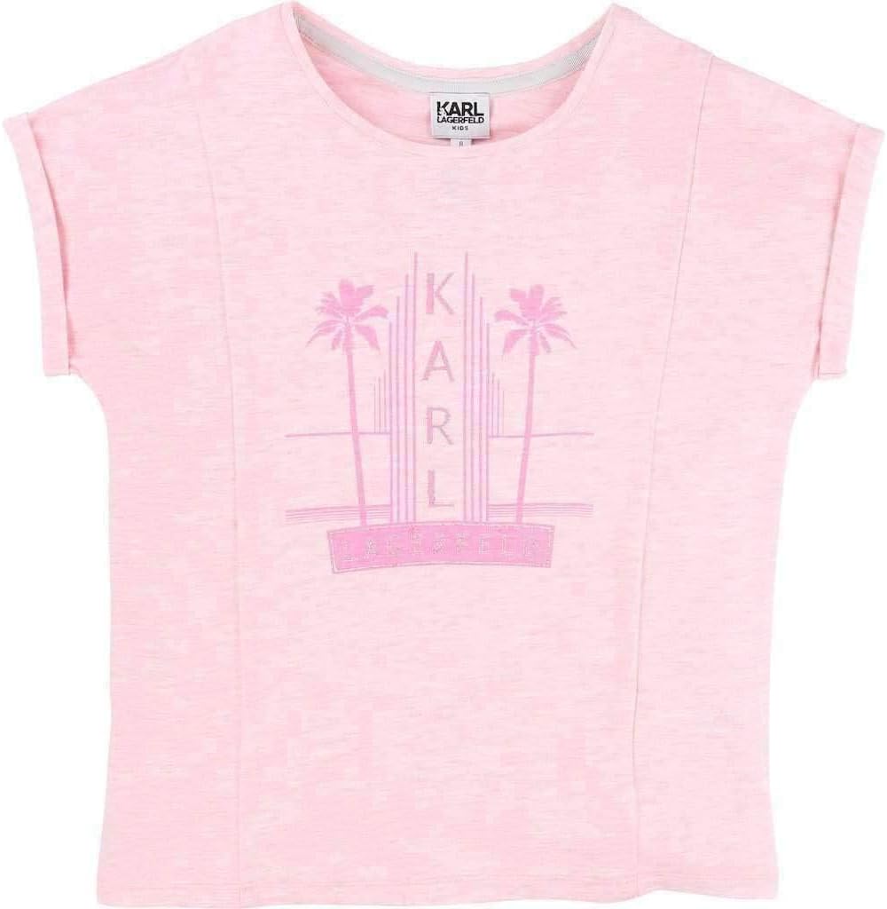 Karl Lagerfeld Kids Girl's Short Sleeve Melange Jersey Tee w/Miami Print (Big Kids) Light Pink 14 Years