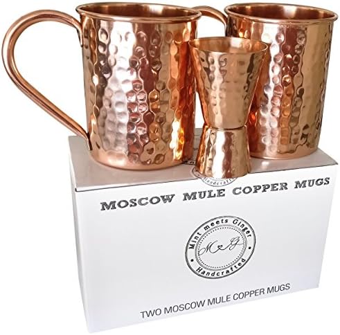 Mint Meets Ginger Moscow Mule Copper Mugs - 100% Pure Solid Copper Mugs (Set of 2) 16 Ounce Unlined Hammered Copper Cups plus Liquor Jigger and E-book with Moscow Mule Recipes