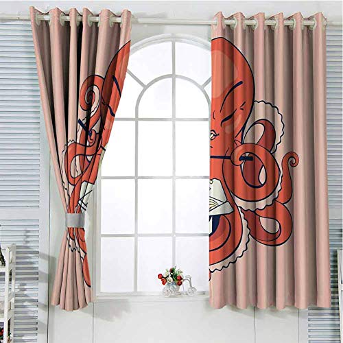 Grommet Window Curtain Kids Curtain Octopus,A Cartoon Octopus Eating Noodles with Chopsticks in Tentacles Retro Style,Orange Pink Window 108 x 72 inch - Thumbnail 5