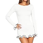 Cicy Bell Womens Ruffle Long Sleeve Mini Dress Bodycon Boat Neck Ribbed Knit Sweater Dresses Elegant Outfits