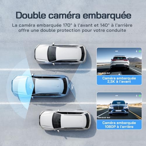 2.5K Dashcam Voiture Avant Arrière, 1440P+1080P FHD Caméra Embarquée Voiture, IPS 3" Dash Cam Voiture Grand Angle de 170°, G-Capteur, WDR, 24H Mode Parking, Enregistrement en Boucle