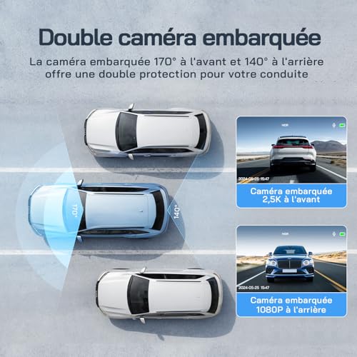 2.5K Dashcam Voiture Avant Arrière, 1440P+1080P FHD Camera Embarquée Voiture, IPS 3" Camera Voiture Grand Angle de 170°+140°, G-Capteur, WDR, 24H Mode Parking, Enregistrement en Boucle