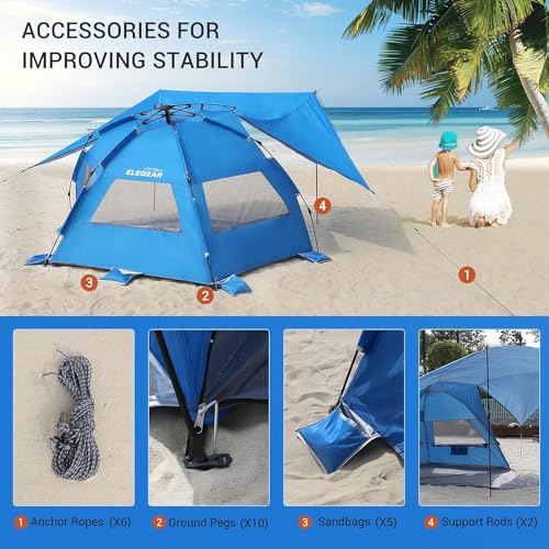 Elegear Tienda para Playa con UPF 50+ Refugio Solar de Playa Ligero, Instantáneo Portátil Carpa para Playa Camping, Tienda Sombra con Cremallera Extendida para Camping de Playa, Azul