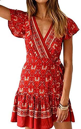 HOYMN Women's Vintage Summer Dress,V-Neck Floral Bohemian Short Sleeve Casual Beach Holiday Mini Dress