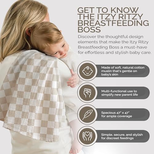 Itzy Ritzy Breastfeeding Boss Multi-Use Cover – A Nursing Cover, Swaddle, Car Seat Wrap, Tummy Time Mat & Burp Cloth All in One – Made of Soft Muslin Fabric & Measures 47” x 47” (Checkerboard)