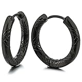Stainless Steel Black Grooved Circle Huggie Hinged Hoop Earrings for Men Women, 2pcs