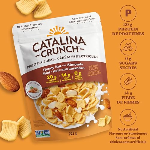 CATALINA CRUNCH PROTEIN CEREAL – BREAKFAST CEREAL WITH 10G OF PROTEIN, NO ADDED SUGAR – GLUTEN FREE – HONEY NUT WITH ALMONDS – 8 OZ. BAG (PACK OF 1), PACKAGING MAY VARY