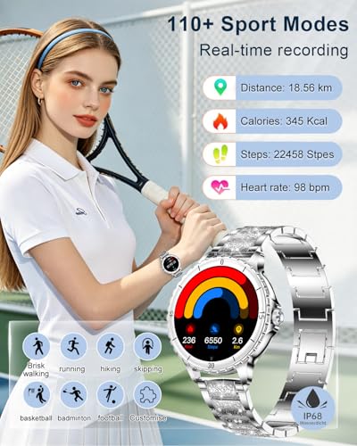 Reloj Inteligente Mujer con Llamadas, 1.27'' Smartwatch Mujer con Correa de Diamante, Compatible con Android/iOS, IP68 Impermeable Smart Watch Redondo con Monitor Sueño Pulsometro Sangre Presión Plata