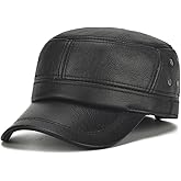 Men's Vintage Leather Military Cap Flat Top Winter Warm Male Cadet Army Caps Solid Color for Cold Weather