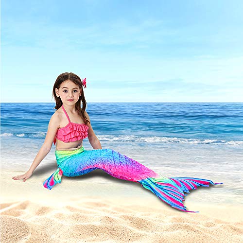 Danvren 3Pcs Mermaid Tails for Girls Swimming Swimsuit Party Supplies Costume Swimwear Bikini for 3-12Y (Colored Pudding Design, Child XL Height 51-54in (8-10Y))