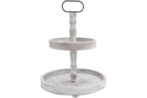 OUOSAWA Farmhouse 2 Tiered Tray Stand for Home Decor, Wooden Serving Tiered Tray for Coffee Bar Table Centerpiece, Decorative Trays Kit for Countryside, Round Rustic Stand for Cake Cupcake(White)
