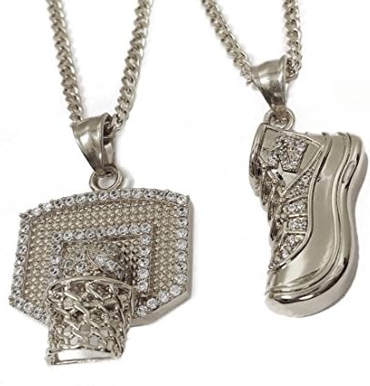 Basketball Shoe &amp; Hoop Double Pendant Stainless Steel Necklace with 24" Cuban Chain (Silver)