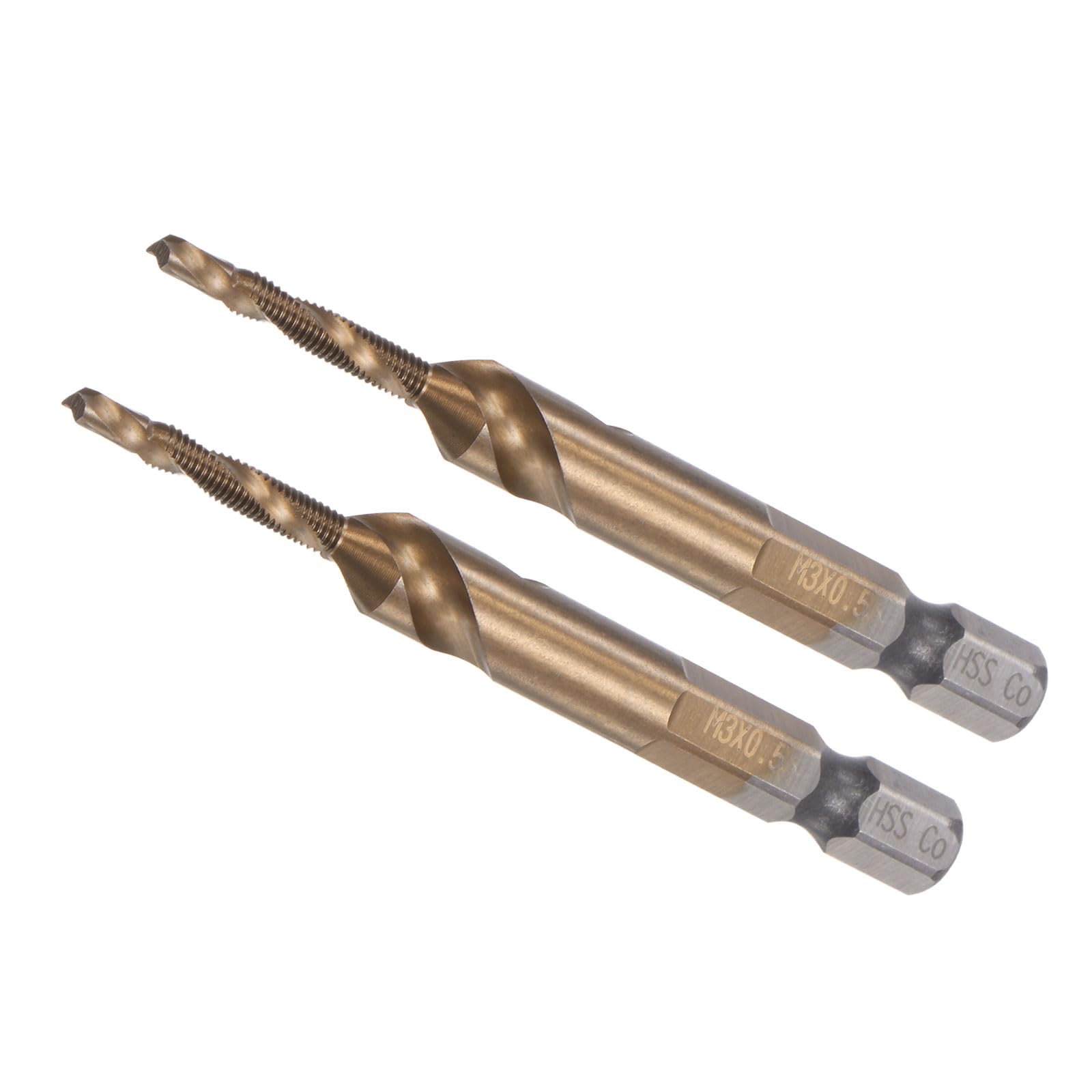 CoCud Combination Drill and Tap Bit, M3 x 0.5 Thread Size 1/4" Hex Shank, Uncoated M35 Cobalt High Speed Steel Tools - (Applications: for Aluminum Stainless Steel Plastic), 2-Pieces