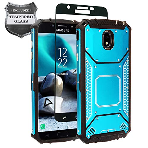 Z-GEN - Galaxy J7 2018, J7 Refine, J7 Star, J7 Crown, J7 Aura, J7 Top, J7 V J7V 2nd Gen J737 - Aluminum Metal Hybrid Phone Case for Samsung + Tempered Glass Screen Protector - ZY1 Blue