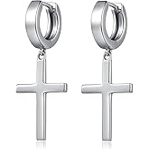 Sterling Silver Cross Earrings, High Polished Cross 10MM Hoop Earrings Religious Dangle Earrings 18K Gold Plated Hanging Large Cross Jewelry for Men Women