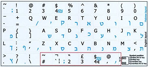 HEBREW - ENGLISH NON-TRANSPARENT KEYBOARD LABELS LAYOUT BLACK OR WHITE BACKGROUND (14x14) FOR DESKTOP, LAPTOP AND NOTEBOOK (White Background)