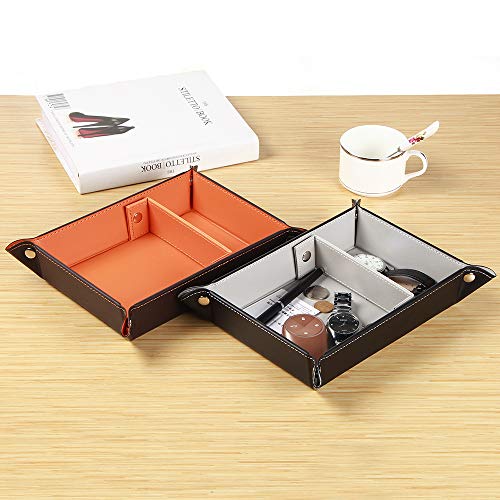 Key Tray Large for Men Leather Entryway Dish Bedside Catchall Bowl 2 Dividers Nightstand Organizer Caddy Travel Valet Tray for Wallet Coins Change Dice Watch Phone, Sundries Holder