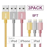 iBEST - iPhone Charger Cable, 3 Pack (5ft) [Apple MFi Certified] Gold, White, Pink, Nylon Braided, USB Cord for iPhone X, 8/8 Plus, 7/7plus, 6/6S plus, 5/5S/5C/SE,iPad mini/Air/Pro iPod touch/nano7