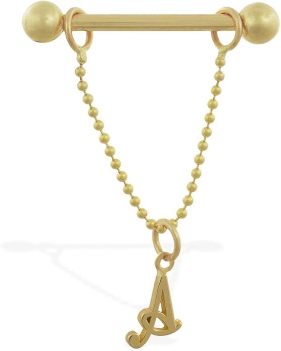MsPiercing 14K Gold Nipple Ring With Dangling Cursive