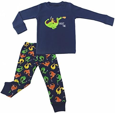 Mumkiss Long Sleeves Finely Ribbed Knit Royal Blue Sapphire Blue Dino-Riders Dinosaur Pajamas Set Little Boys Kids PJS (7T, Royal Blue)