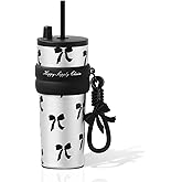 SDGA+ 24 oz Stainless Steel Tumbler with Lid and Straw, Insulated Water Bottle Leak Proof for Hot and Cold, Portable Travel Coffee Mug, Reusable Coffee Cup for Women, Bow