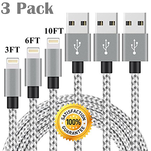 Bojuren iPhone Charger Cable, 3Packs 3FT 6FT 10FT Lightning Cable Nylon Braided Extra Long Durable Fast Charging Cord for iPhone X/8/7/7 Plus/6s/6s Plus/6/6 Plus/5/5S/5C/SE/iPad and iPod (White+Grey)