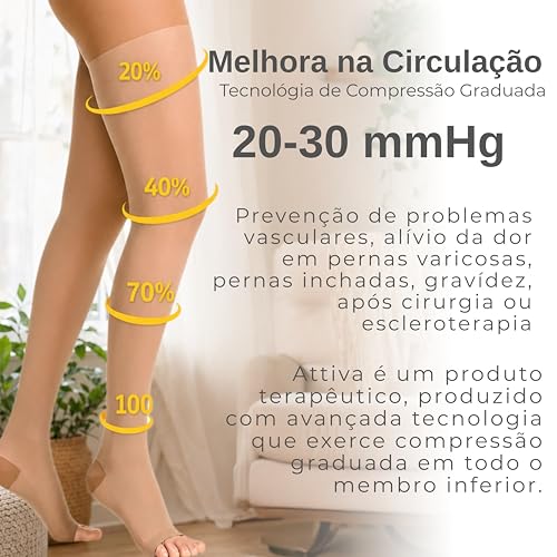 Meia de Compressão Feminina 7/8 Coxa ATTIVA 20-30 mmHg Ponteira Aberta | Indicada para varizes, trombose, edema e pós-cirúrgico. Compressão graduada alivia o peso e o cansaço nas pernas