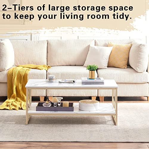 MKJLWO Marble Coffee Table White Gold Coffee Tables for Living Room