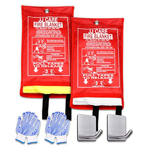 JJ CARE UpgradedFire Blanket for Home 40"x40" + 2 Hooks & 2 Gloves