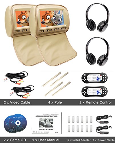 9 inch 1080P Car Headrest DVD Player Video Monitor with Leather Cover Zipper IR Wireless Headphones Games for Kids Road Trips Entertainment System (Touch Screen, Beige)