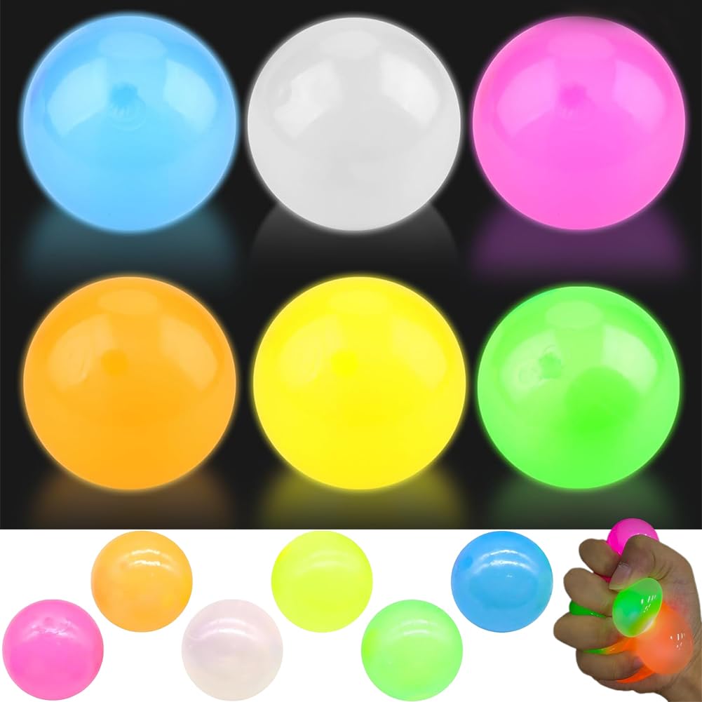 6 Pcs Glow in the Dark Sensory Balls, Upgraded Glowing Sticky Balls Stick to The Ceiling, Night Stress Balls for Adults, Stress And Anxiety Relief, Cool Stuff & Party Favors for Adults