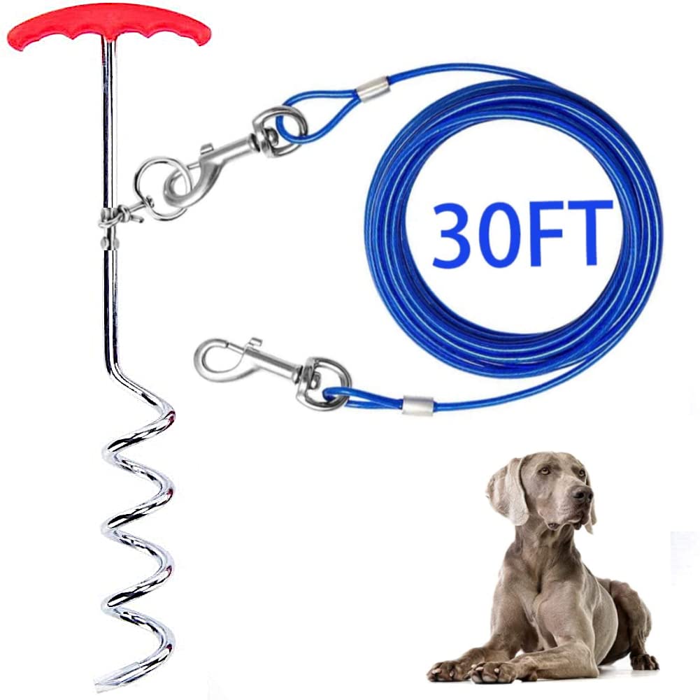 Dog Tie Out Cable and Stake, 30ft Outside Dog Leash & Chain for Camping and Yard, 16'' Heavy Duty Anti Rust Spiral Stake for Medium-Large Dogs Up to 125 lbs (30FT, Blue)