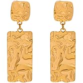 Textured Rectangle Geometric Square Statement Stud Earrings for Women Hammered Long Dangle Earrings Hypoallergenic Trendy Drop Hanging Stainless Steel 18k Gold-Tone Plated Minimalist Lightweight Gift