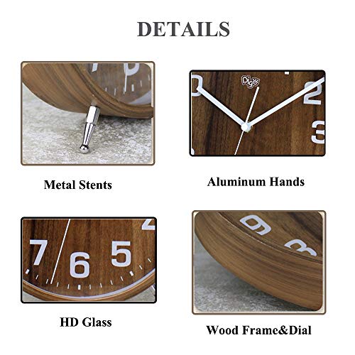 Justup 8 Inch Wood Table Clock, Retro Non-Ticking Table Desk Alarm Clock Battery Operated with Sweep Quartz Movement HD Glass Large Numerals Decorative for Bedroom Living Room Kids Room (Brown)