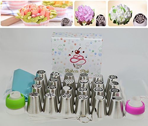 Russian Piping Tips + 53 Piece Baking Supplies + 24 Icing Nozzles + 20 Pastry Bags + TriColor &amp; Single Coupler + 5 Cleaning Brushes + Leaf Tip + Sale Limited time + Price reduced