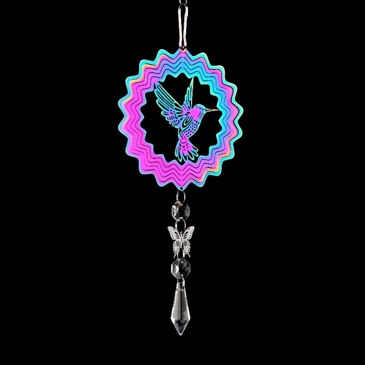 MSLSOZ Stainless 3D Bird-Shaped Wind Spinner with Butterfly & Crystal Charms - Reflective Colorful Kinetic Mandala Hanging Garden Ornament for Outdoor Decor, Ideal for Porch, Balcony, Trees