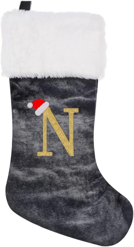 Stockings & Holders - CHRLRewa 20 Inches Initial Monogram Embroidered Christmas Stocking Grey Velvet with White Super Soft Plush Cuffs Christmas Decorations Stocking-N-46