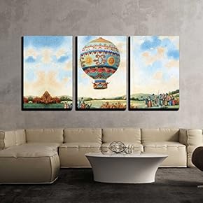 3 Piece Canvas Wall Art - Illustration - Hot Air Balloon Illustration - Modern Home Art Stretched and Framed Ready to Hang - 16"x24"x3 Panels