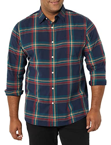 Amazon Essentials Chemise en Popeline Extensible À Manches Longues Et Coupe Ajustée Homme, Bleu Marine Rouge Bleu Sarcelle Écossais, M