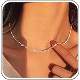 shiruier Boho Wedding Silver Sparkly Dainty Necklace Simple Glitter Tiny Necklace Small Cute Shiny Thin Chain Delicate Choker Short Collar Minimalist Jewelry for Women