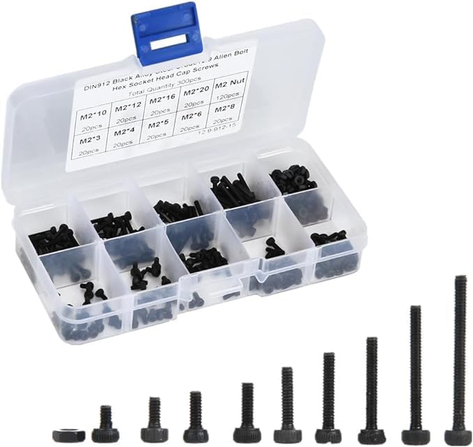 Uadme M2 Bolts and Nuts Set, 300Pcs 3-20mm M2 Cap Head Bolt Nut Assortment Set, Black Hex Socket Screws Kit with Box, for Home Repairs, DIY, and Professional Use